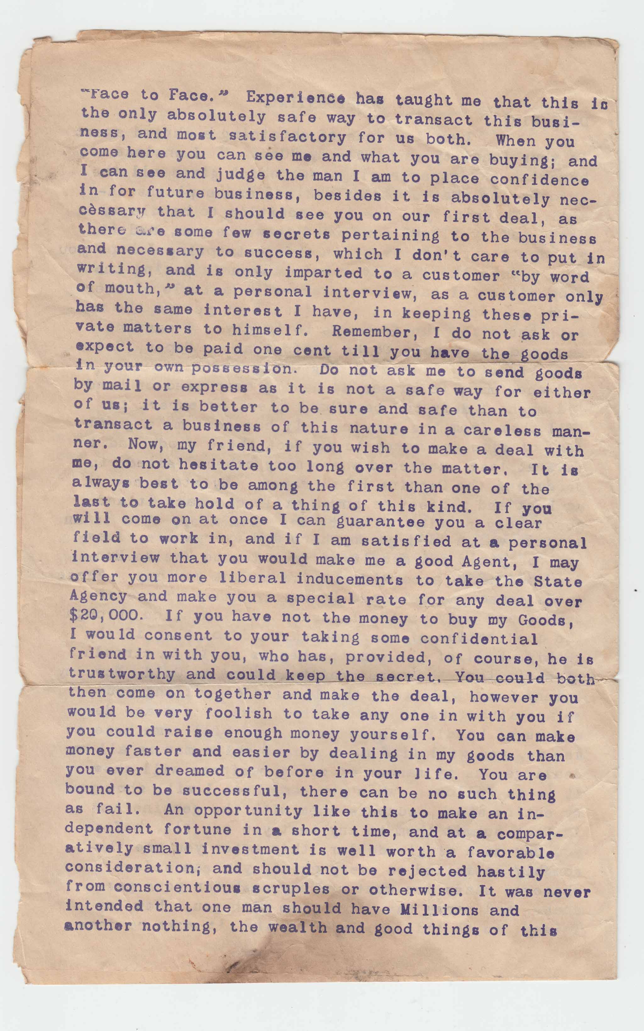 HBC006, 1890? Letter, Confidential Offering Counterfeit Bills